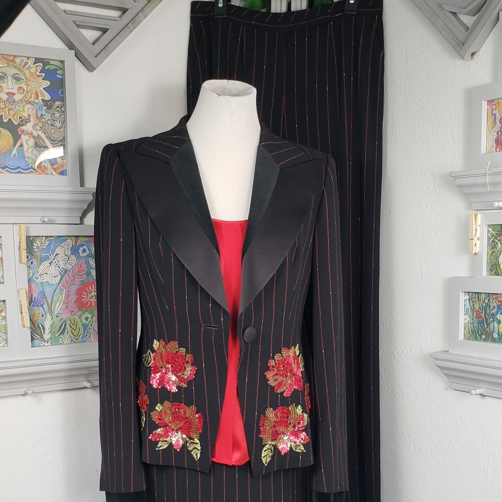 Escada 4p Black & Red Pinstripe w/ Sequined Flowers - Feminine Nostalgic  M